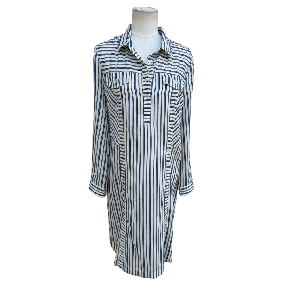 ECI New York Shirt Dress Size 10 Blue White Striped Button Front Long Sleeve